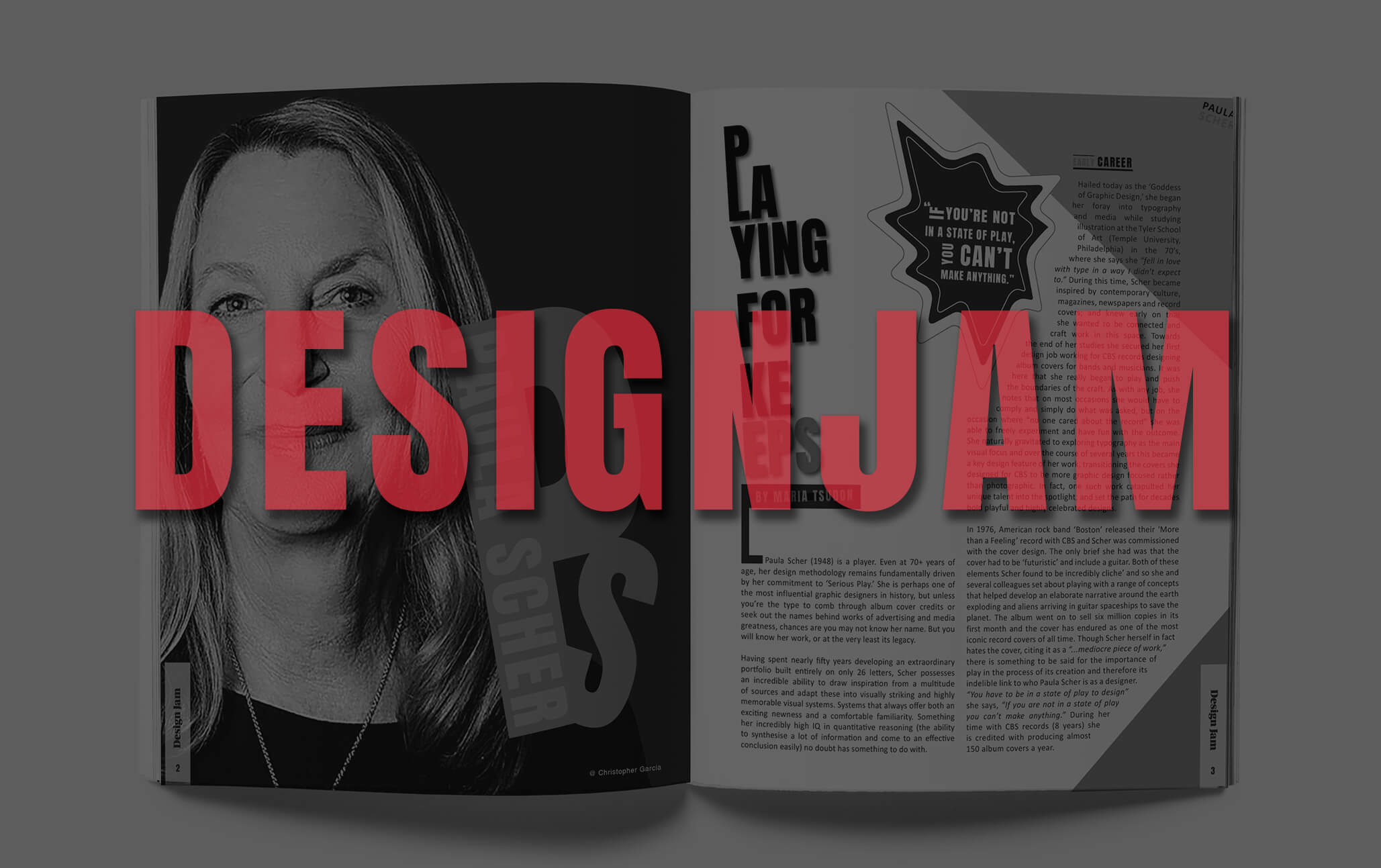 Magazine spread with Design Jam overlay